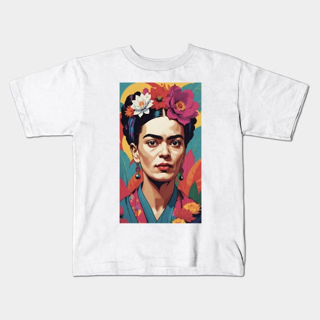 Frida's Floral Radiance: Colorful Portrait Kids T-Shirt by FridaBubble